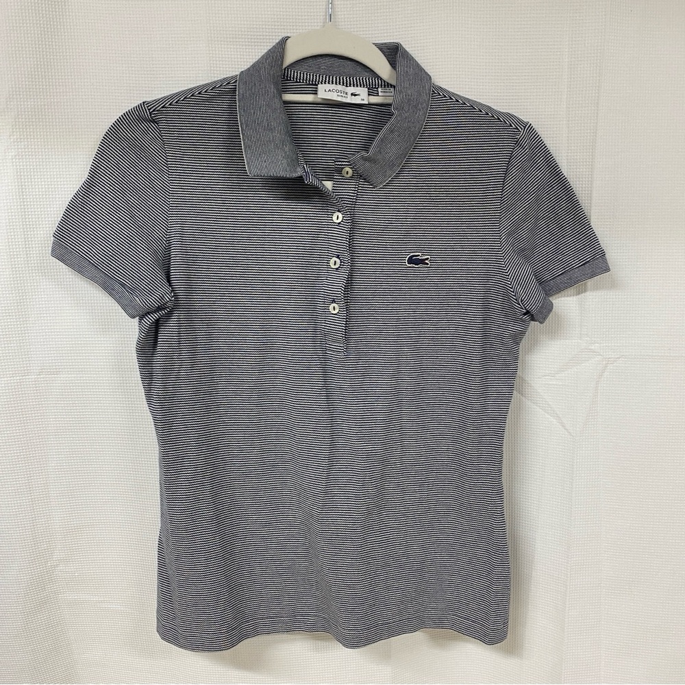 Lacoste Women's Navy and White Micro-Stripe Slim Fit Polo Size 38